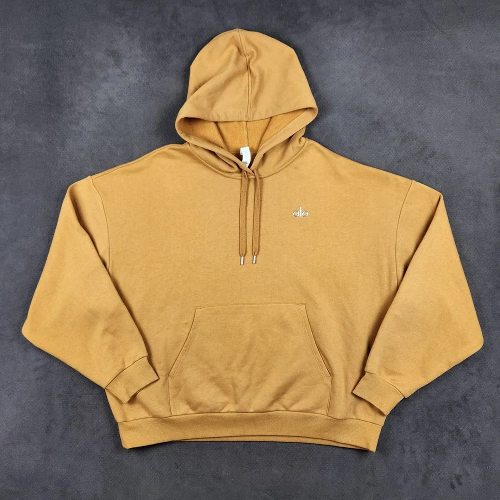 Alo Yoga Accolade Hoodie Womens XL Toffee Brown Oversized Fleece Pullover Logo